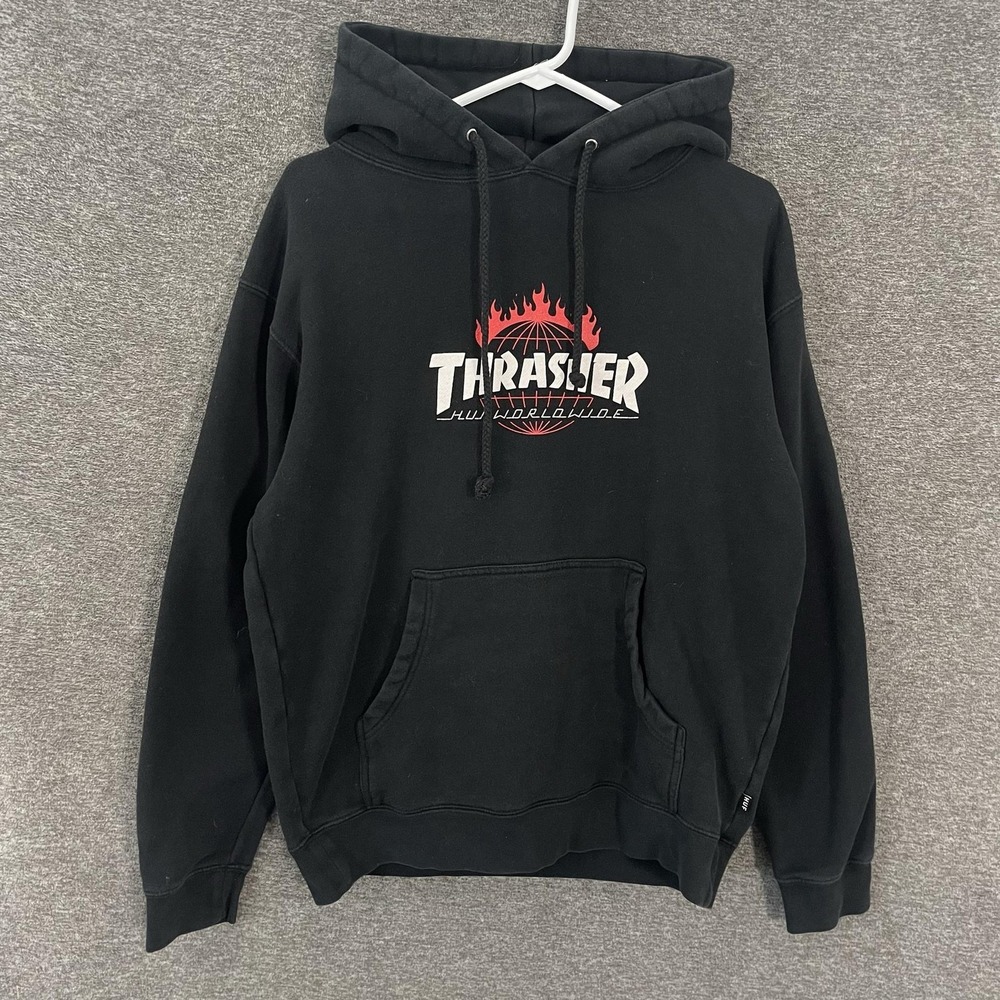 HUF Thrasher Hoodie Mens Small Black Flame Globe Graphic Fleece Pullover Skate